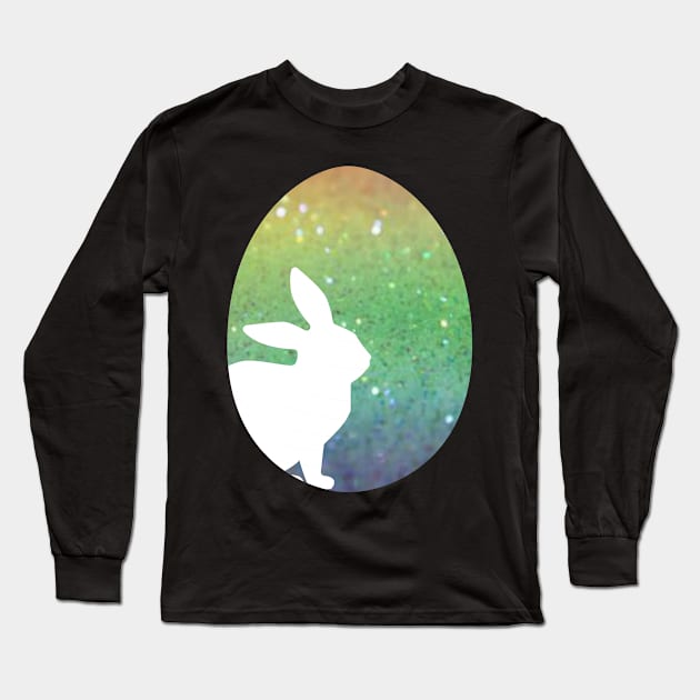 Easter Bunny Silhouette in Rainbow Ombre Faux Glitter Easter Egg Long Sleeve T-Shirt by Felicity-K